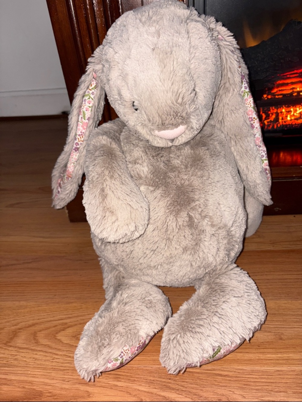 Jellycat Gray Plush Long-Eared Bunny with Floral Ear and Paw Lining